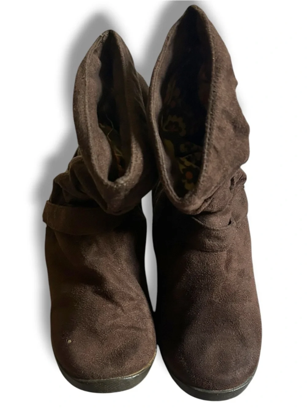 ROXY Chocolate Brown MicroSuede Slouch Ankle Boots Button Strap Logo Accents 6.5